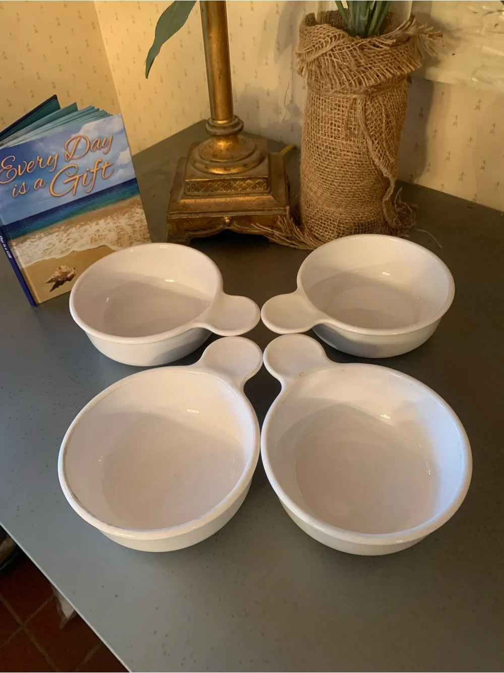 4 Corning Ware, SMALL grab it bowls with handles, can use in microwave.